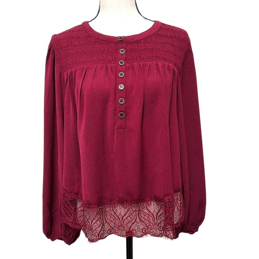 Frye Womens Smocked Lace Hem Blouse Burgundy Henley Balloon Sleeve Top Medium